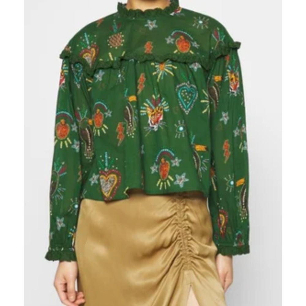 Farm Rio Magic Forest Blouse Green Womens Medium Ruffle Eyelet Tropical Top